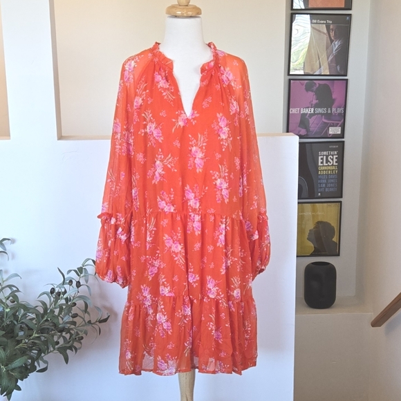 Vince Camuto Dresses & Skirts - VINCE CAMUTO Orange Floral Georgette Longsleeve Lined Dress XXL Summer Casual